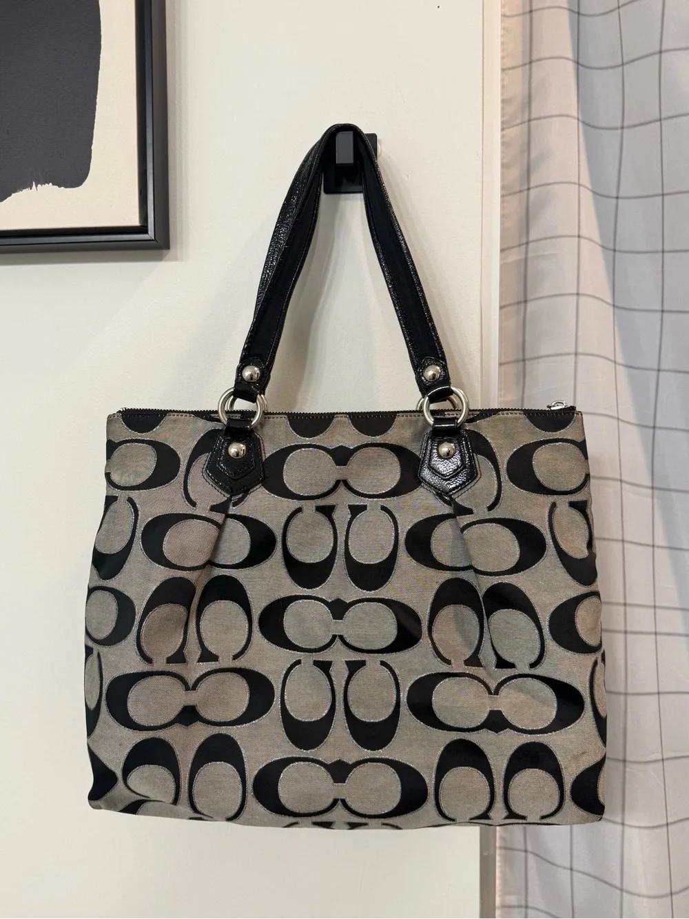 Coach (2010) Poppy Signature Lurex Glam Large Tote Bag- Black/Silver